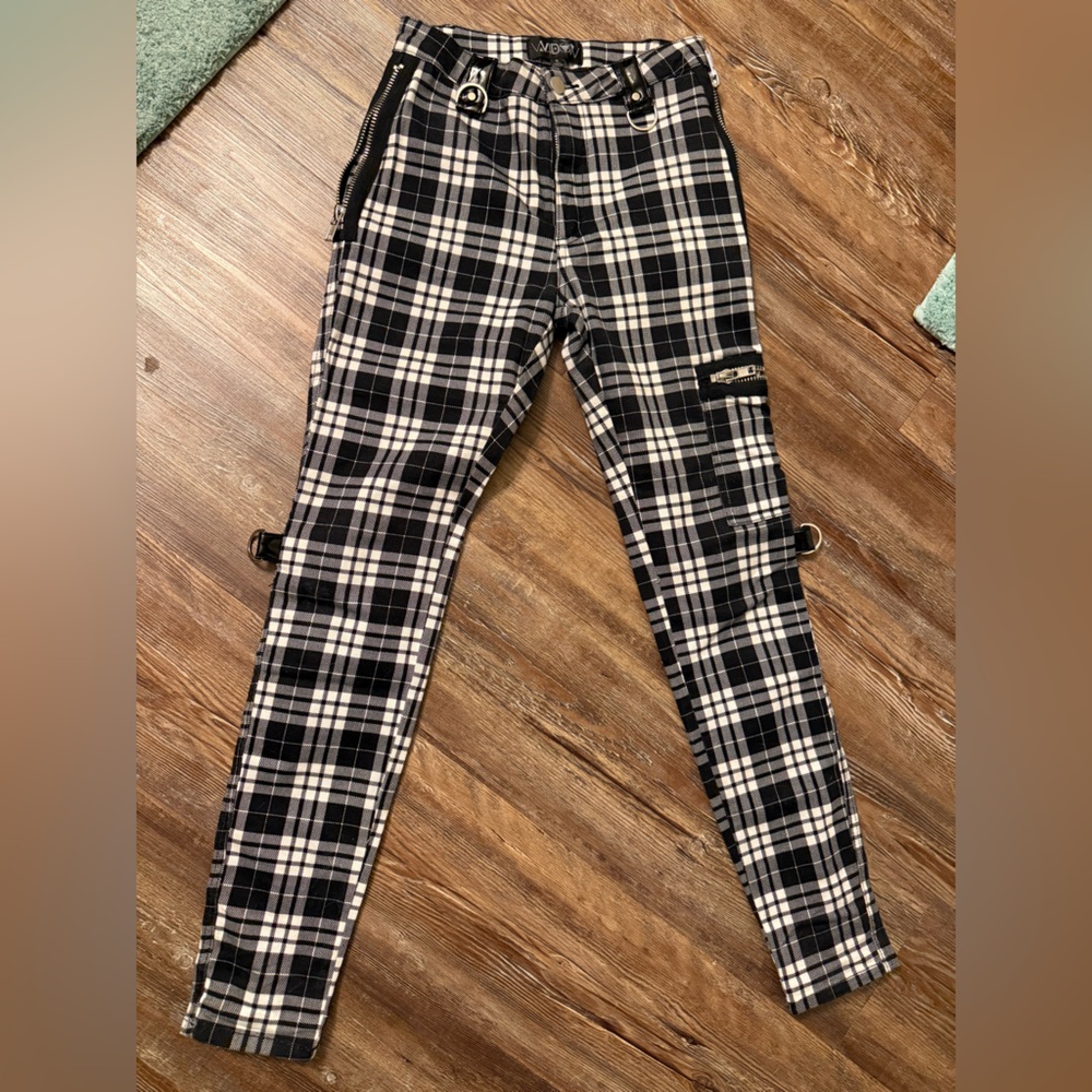 Widow Plaid skinny checkered punk rock bandage pants with staps